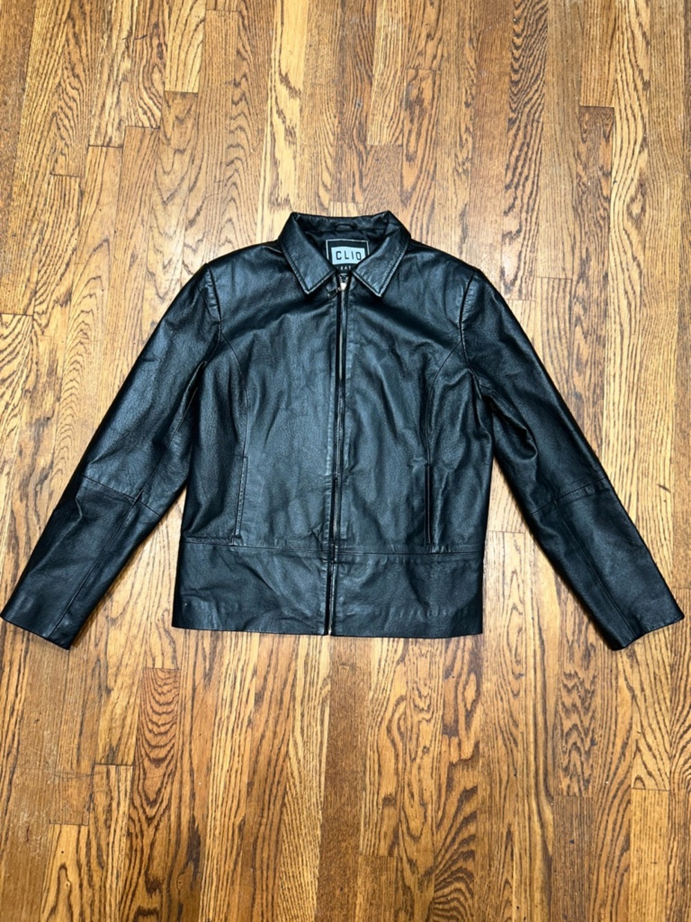 Clio Women’s Black Leather Bomber Jacket with Zip Front